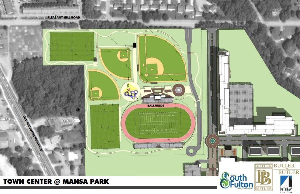 Town Center at Mansa Park detailed sports complex site plan showing ballfields, track, soccer fields along Old National Highway