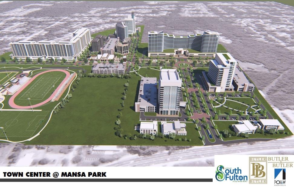 Town Center at Mansa Park aerial rendering with sports complex