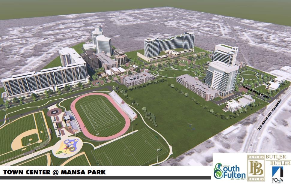 Town Center at Mansa Park full aerial rendering with sports complex, track, hotels and office towers