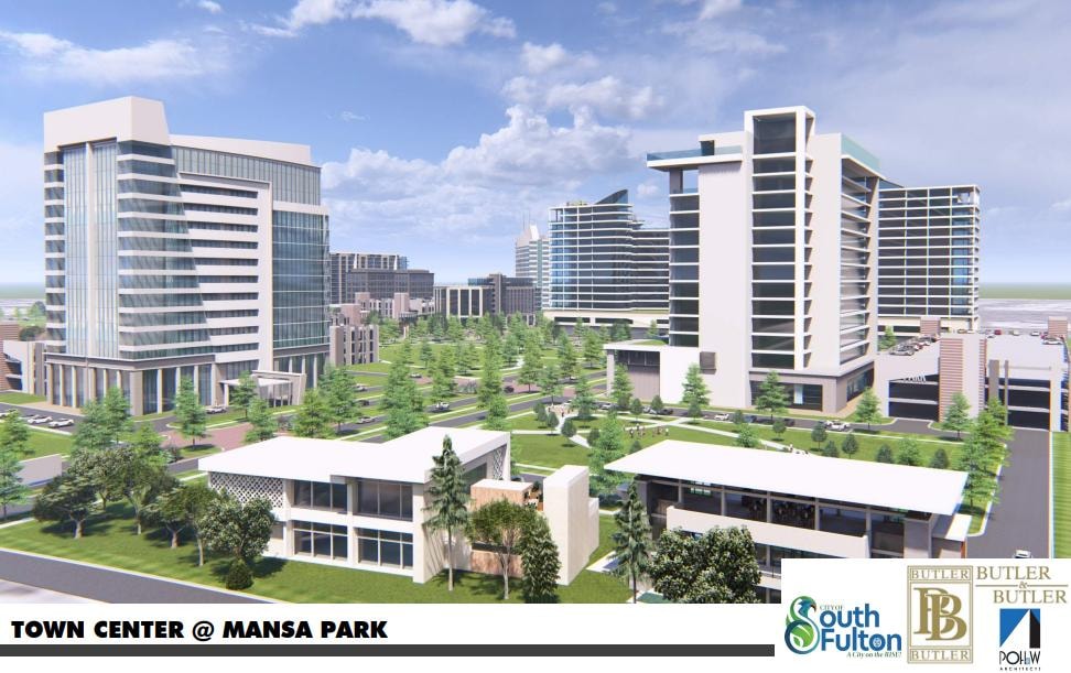 Town Center at Mansa Park street-level rendering showing office towers, retail pavilions and green space