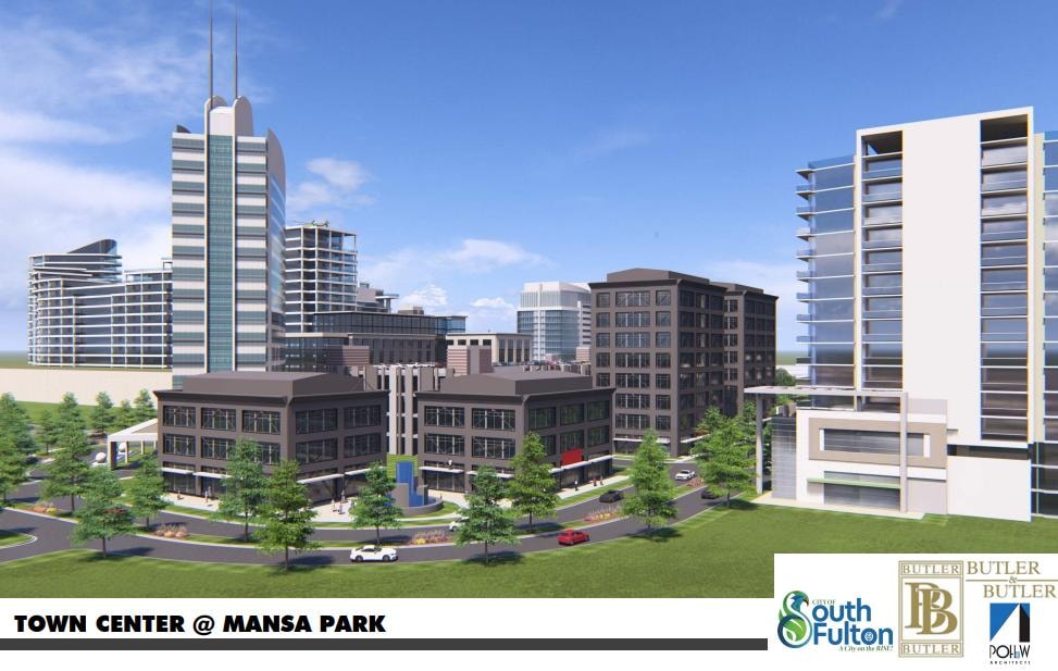 Town Center at Mansa Park street-level rendering showing mixed-use retail, office towers and residential buildings